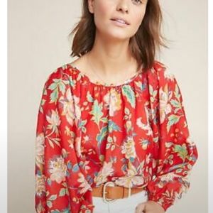 Anthropologie Red Floral Lake House Top